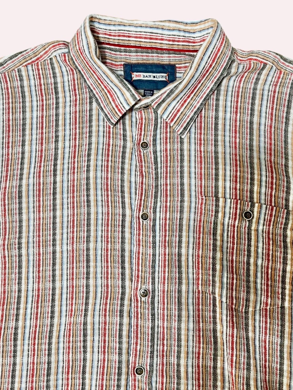 32 Bar Blues Button Up Shirt Men XXXL 3XL Red Black Beige Striped Jacquared Camp